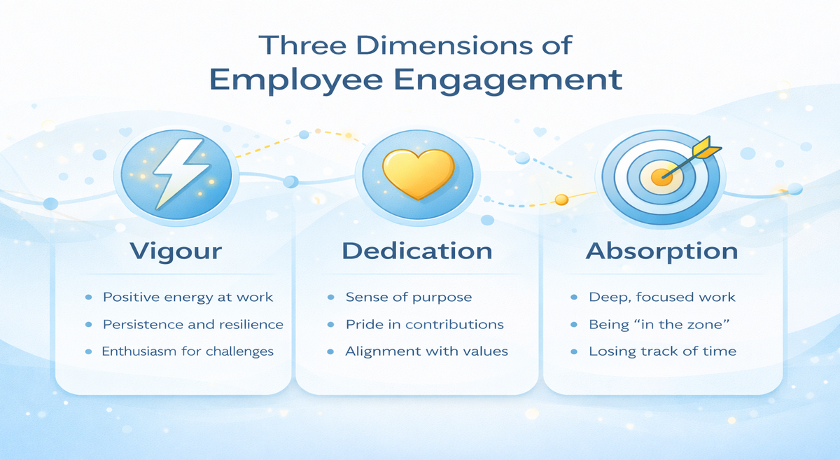 Employee engagement framework showing vigor dedication and absorption at work