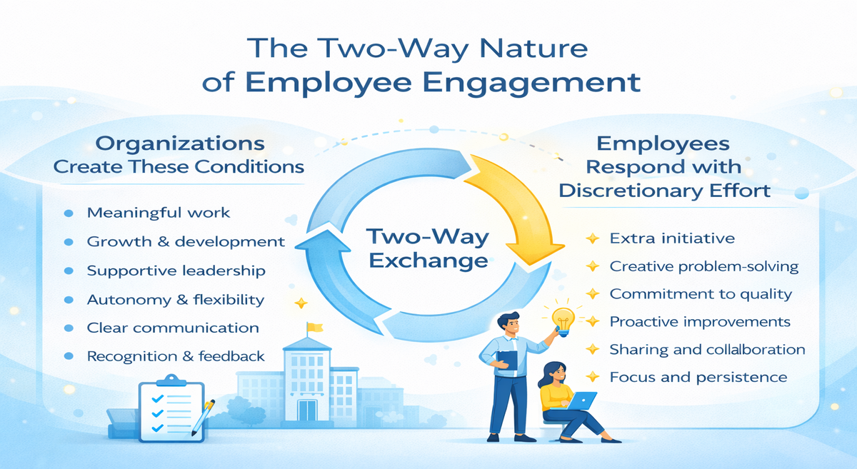 Two-way employee engagement exchange between organization support and employee commitment